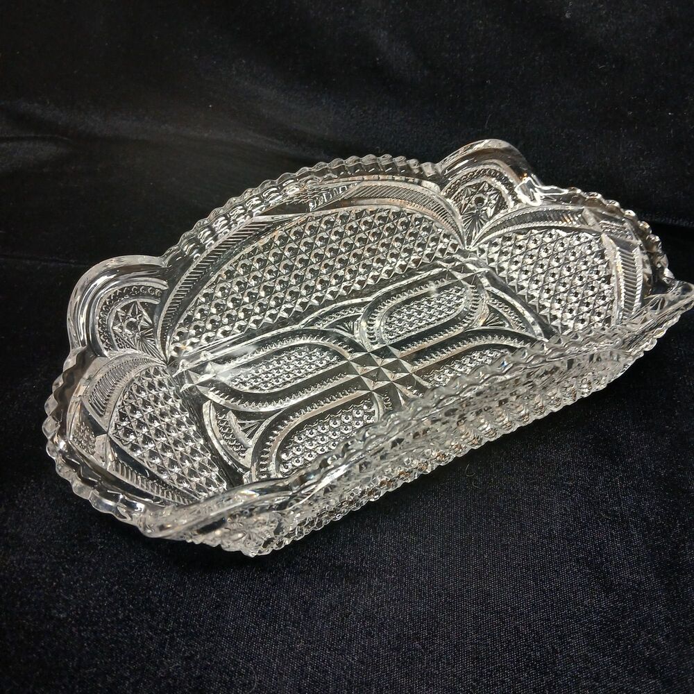 Pressed Glass Celery Bowl, Massachusetts Pattern, Hobstar Design